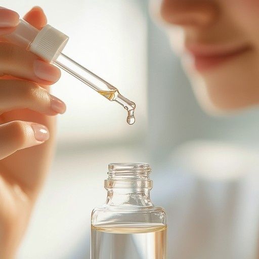Glaspipett med en droppe serum över en öppen glasflaska